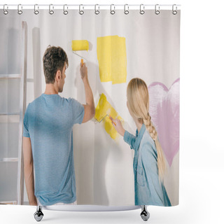 Personality  Young Couple Painting White Wall In Yellow With Paint Rollers Shower Curtains