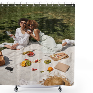 Personality  Summer Picnic Of African American Girlfriends Near Fresh Fruits And Vegetables In Park Shower Curtains