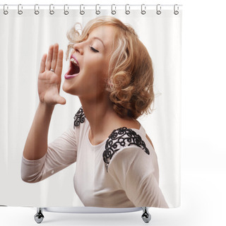 Personality  Young Blonde Woman Shout And Scream Using Her Hands As Tube, Stu Shower Curtains