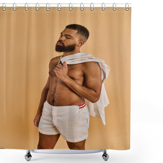 Personality  A Man With A Full Beard Stands Shirtless In A Tranquil Setting, Connecting With Nature Through His Bare Chest. Shower Curtains