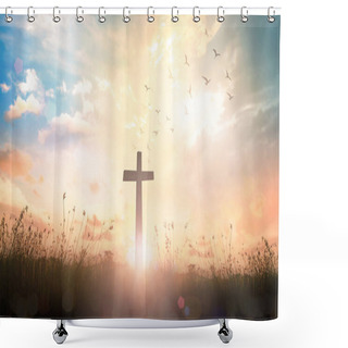 Personality  Good Friday Concept: The Cross On Meadow Autumn Sunrise Background Shower Curtains
