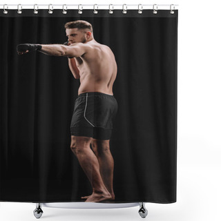 Personality  Strong Muscular Mma Fighter In Bandages And Shorts Doing Punch On Black Shower Curtains