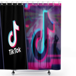 Personality  Smart Phone With TIK TOK Logo, Which Is A Popular Social Network On The Internet.United States, Canada, Wednesday, November 27, 2021 Shower Curtains