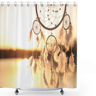 Personality  Beautiful Handmade Dream Catcher Near River At Sunset. Space For Text Shower Curtains