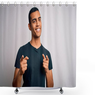 Personality  Young Handsome African American Man Wearing Casual T-shirt Standing Over White Background Pointing Fingers To Camera With Happy And Funny Face. Good Energy And Vibes. Shower Curtains