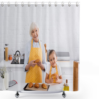 Personality  Smiling Granny And Kid Holding Tasty Croissants Near Baking Sheet In Kitchen  Shower Curtains
