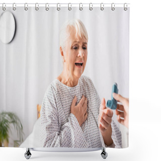 Personality  Aged Woman Taking Inhaler From Nurse While Suffering From Asthma Attack, Blurred Foreground Shower Curtains