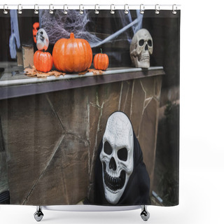 Personality  Orange Pumpkins And Spooky Skulls On Porch Decorated For Halloween Shower Curtains