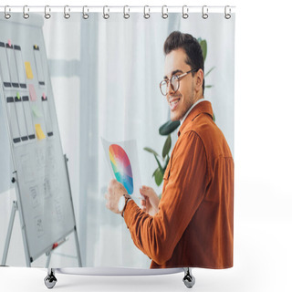 Personality  Selective Focus Of Smiling Ux Designer Holding Color Circle Near Layouts Of Mobile Website Design On Whiteboard In Office  Shower Curtains
