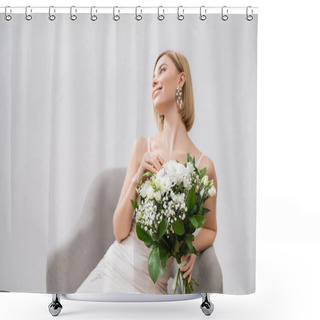 Personality  Special Occasion, Happy Blonde Bride In Wedding Dress Sitting In Armchair And Holding Bouquet On Grey Background, Engagement Ring, White Flowers, Bridal Accessories, Happiness, Feminine  Shower Curtains