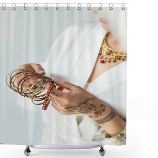 Personality  Cropped View Of Indian Bride With Mehndi Holding Bracelets  Shower Curtains