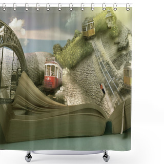Personality  Magical Travel Book, Trams And Towns. Dimensional Page Open  Shower Curtains