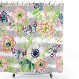 Personality  Watercolor Seamless Pattern With Anemone And Herbs Shower Curtains