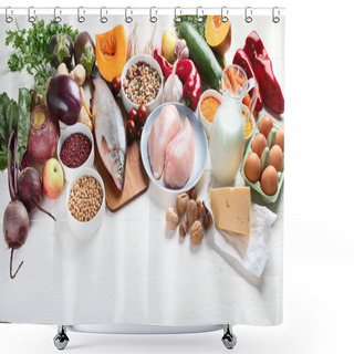 Personality  Arrangement Of Products For Balanced Diet, Healthy Cooking Concept Shower Curtains