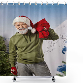 Personality  Athletic Man Posing With Santa Hat And Christmassy Bag With Mountain Backdrop, Winter Concept Shower Curtains