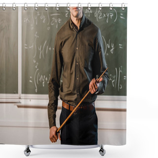 Personality  Cropped View Of Male Teacher In Formal Wear Holding Wooden Pointer In Front Of Chalkboard With Equations  Shower Curtains