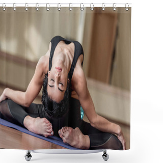 Personality  Flexible Woman Sitting On Yoga Mat Shower Curtains