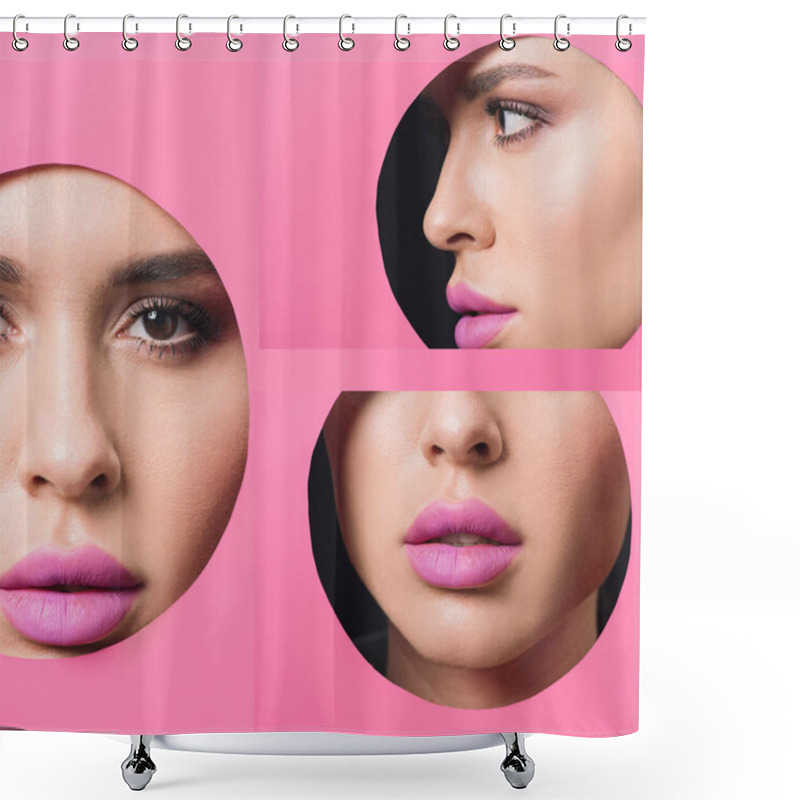 Personality  Collage of female face with smoky eyes and pink lips in round hole in paper  shower curtains