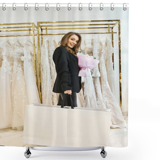 Personality  A Young Brunette Bride Browsing Through A Rack Of Dresses In A Wedding Salon. Shower Curtains