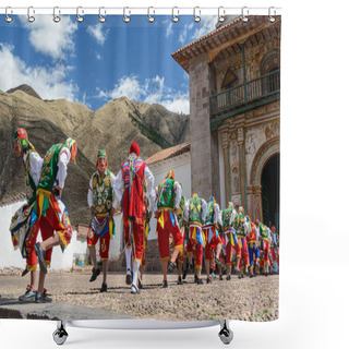 Personality  Peruvian Folkloric Dance, With Colorful Costumes In Front Of The Church Of San Pedro Apostle Of Andahuaylillas, Quispicanchi, Near Cusco, Peru On October 7, 2014. Shower Curtains