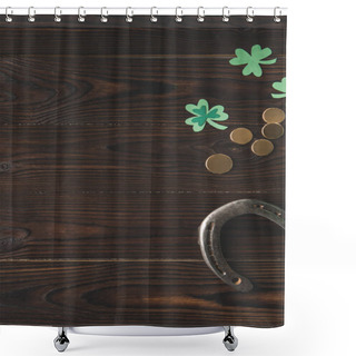 Personality  Top View Of Golden Coins, Horseshoe And Shamrock On Wooden Table, St Patricks Day Concept Shower Curtains
