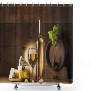 Personality  White Wine With Various Types Of Cheese On Wooden Background Shower Curtains