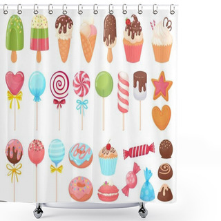 Personality  Cartoon Sweets. Sweet Ice Cream, Cupcakes And Chocolate Candies. Delicious Donut, Cookies And Candy On Stick Vector Illustration Set Shower Curtains