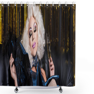 Personality  Pleased Drag Queen In Blonde Wig Holding Champagne Glass On Shiny Background, Banner  Shower Curtains