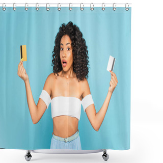 Personality  Surprised African American Woman Holding Credit Cards Isolated On Blue  Shower Curtains