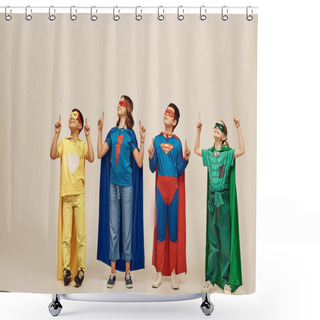 Personality  Positive Multicultural Kids In Colorful Superhero Costumes With Cloaks And Masks Pointing With Fingers While Celebrating Child Protection Day Holiday On Grey Background In Studio  Shower Curtains