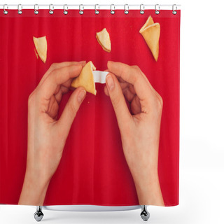 Personality  Cropped Shot Of Woman Opening Chinese Fortune Cookie, Chinese New Year Concept Shower Curtains