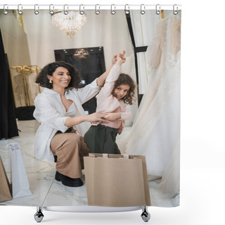Personality  Cheerful Middle Eastern Woman With Brunette Hair In White Shirt Sitting Near Shopping Bags And Holding Hands Of Little Girl Dancing Near Wedding Dresses In Bridal Salon, Mother And Daughter, Bride  Shower Curtains