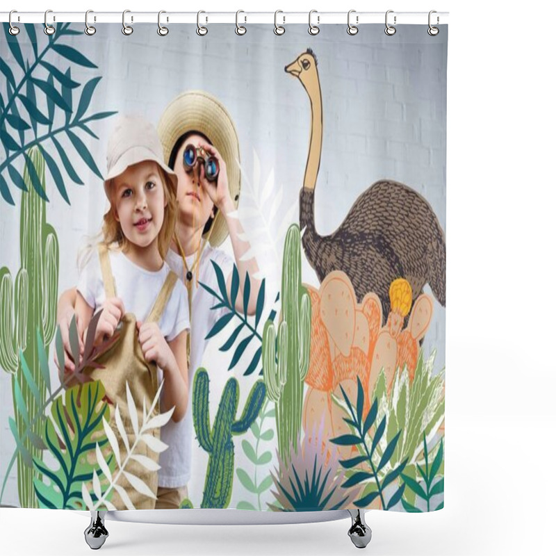 Personality  Siblings In Safari Costumes Hugging And Looking In Binoculars At Cactuses And Ostrich   Shower Curtains