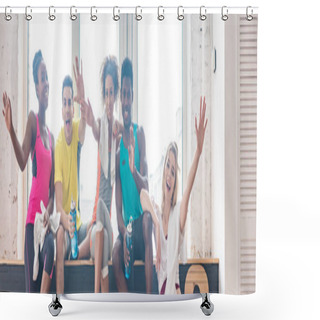 Personality  Panoramic Shot Of Multicultural Zumba Dancers Waving Hands In Camera In Dance Studio Shower Curtains