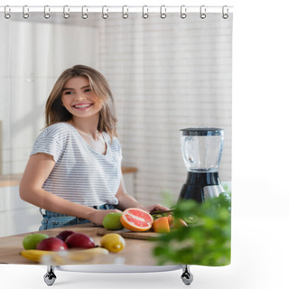 Personality  Cheerful Woman Looking Away While Preparing Fruit Breakfast On Blurred Foreground Shower Curtains
