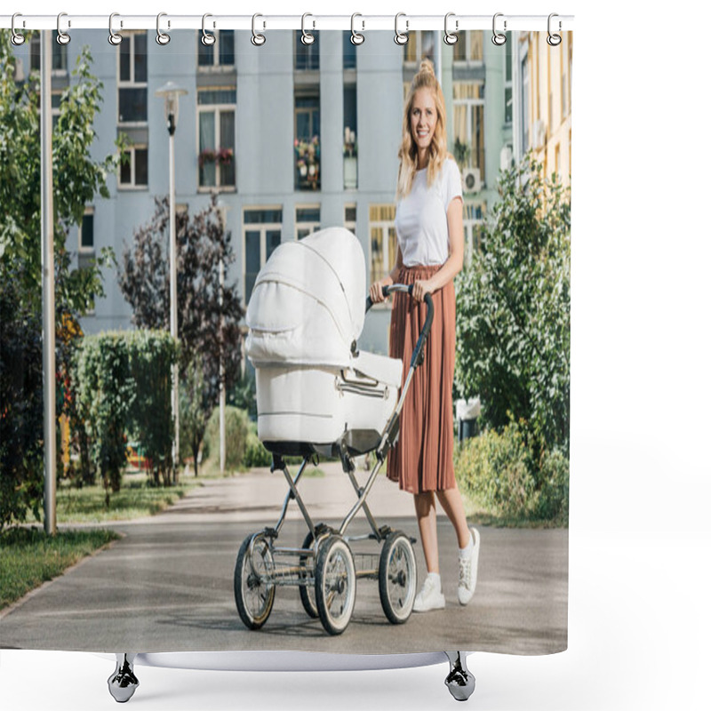 Personality  Mother Walking With Baby Stroller On Street Shower Curtains