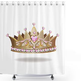 Personality  Princess Crown Or Tiara With Pearls And Pink Gems In The Shape Of A Heart Vector Illustration Isolated On White Background. Shower Curtains