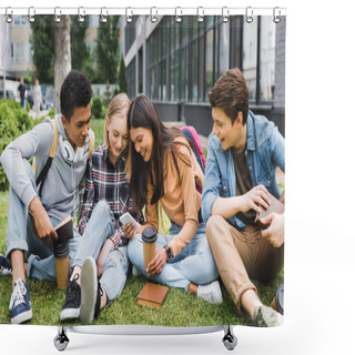 Personality  Smiling And Happy Teenagers Sitting On Grass And Looking At Smartphone  Shower Curtains