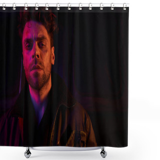 Personality  Serious Unshaven Man With Scratched Face Looking At Camera In Red Light Of Dark Abandoned Subway Shower Curtains