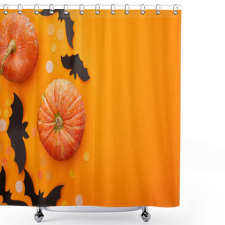 Personality  Top View Of Pumpkin, Bats And Confetti On Orange Background, Halloween Decoration Shower Curtains