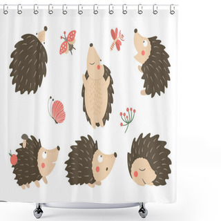 Personality  Vector Set Of Cartoon Style Flat Funny Hedgehogs In Different Po Shower Curtains