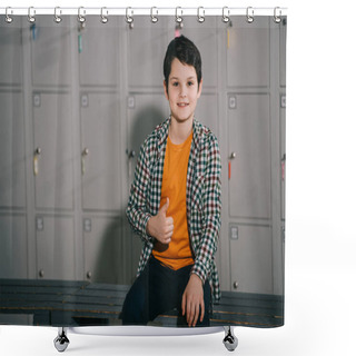 Personality  Smiling Brunette Kid Showing Thumb Up While Posing In Locker Room Shower Curtains