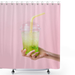 Personality  Cropped Shot Of Woman Holding Plastic Cup Of Mojito Isolated On Pink Shower Curtains