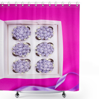 Personality  Delicious Shawn Cupcakes With Curd Cream In The Form Of Flowers On A Pink Background. Shower Curtains