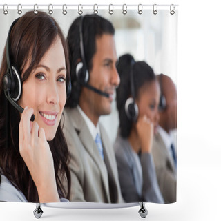 Personality  Smiling Employee Working With A Headset While Looking At The Cam Shower Curtains
