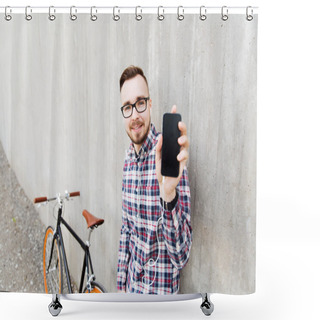 Personality  Hipster Man In Earphones With Smartphone And Bike Shower Curtains
