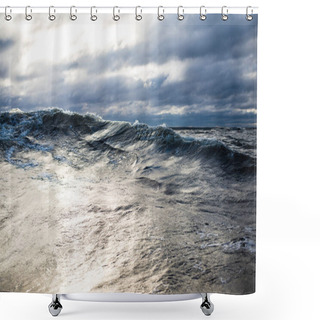 Personality  Winter Sailing. Cold Blue Sea At Sunset. Waves And Clouds, Norway Shower Curtains
