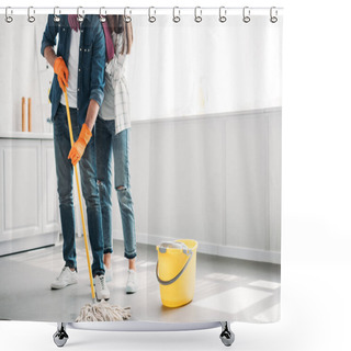 Personality  Cropped Image Of Boyfriend Cleaning Floor In Kitchen With Mop And Girlfriend Hugging Him Shower Curtains