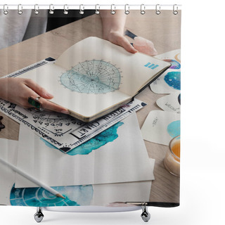 Personality  Cropped View Of Astrologer Holding Notebook By Cards With Watercolor Drawings Of Zodiac Signs On Table Shower Curtains