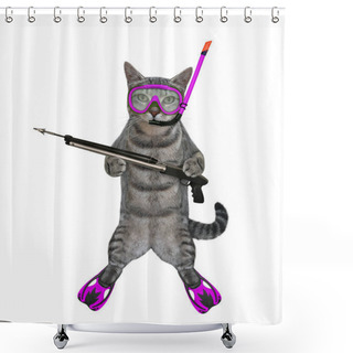 Personality  A Gray Cat Underwater Hunter In A Mask, A Snorkel And Flippers Holds A Harpoon. White Background. Isolated. Shower Curtains